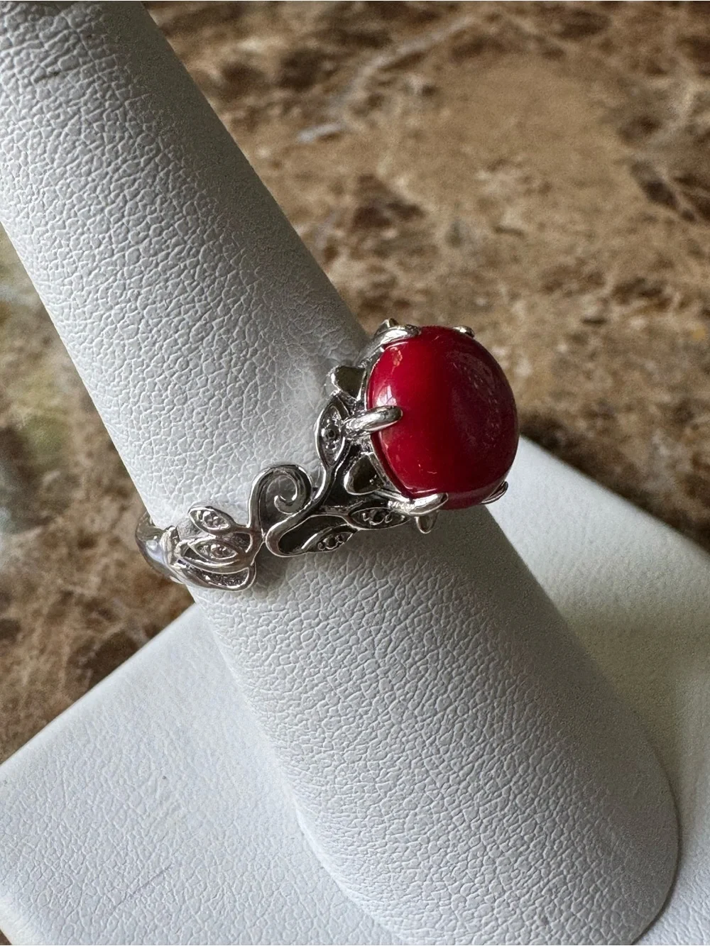 Vintage DK 925 Sterling Silver Red Cabochon Filigree Statement Ring Size 7